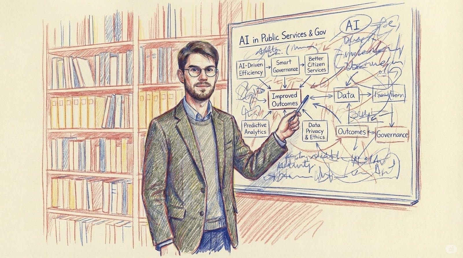 Illustrated portrait of Alexander Iosad at a whiteboard, from the AI Policy Perspectives essay
